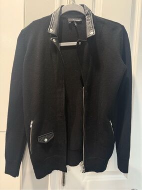 The Kooples Black Lambskin Leather-Trim Wool Zip Cardigan